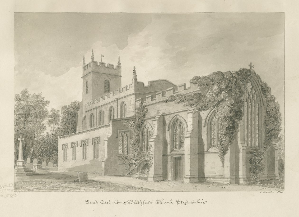 Blithfield Church: sépiová kresba od John Buckler