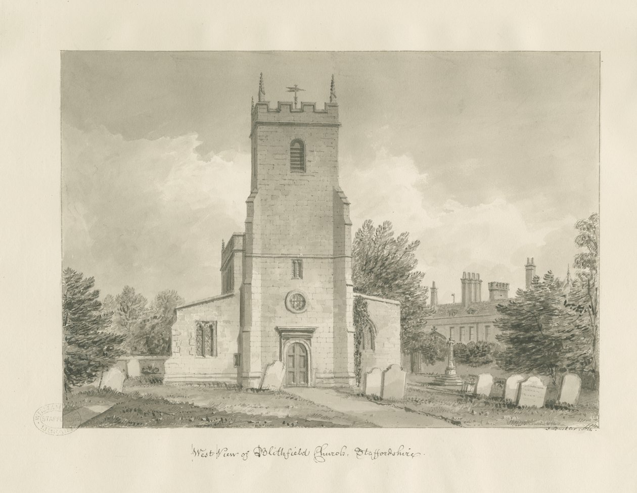 Blithfield Church: sépiová kresba od John Buckler