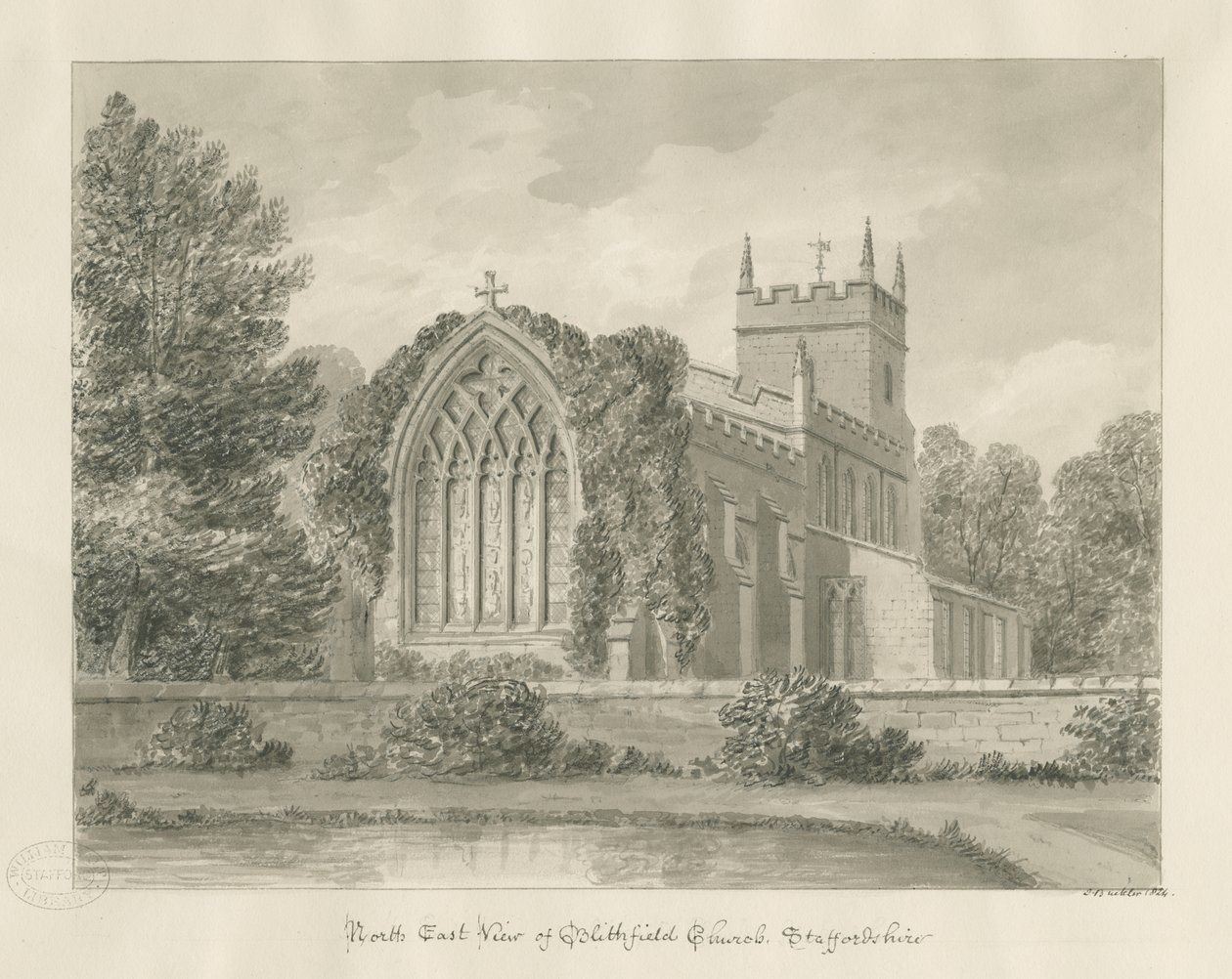 Blithfield Church: sépiová kresba od John Buckler