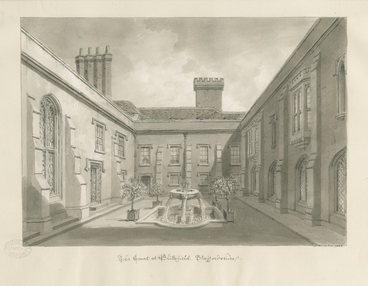 Blithfield Hall - Courtyard: sépiová kresba od John Buckler