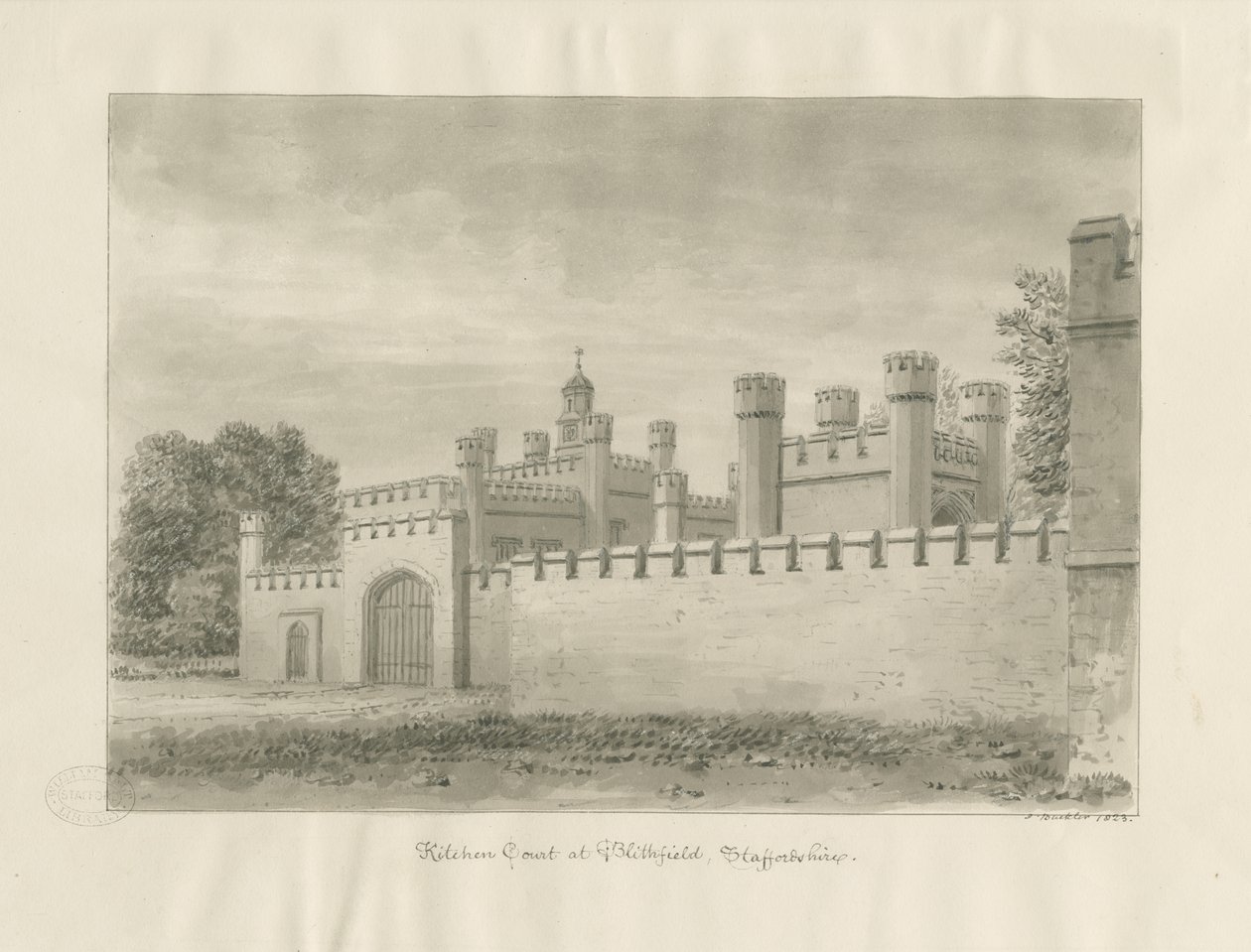 Blithfield Hall - Kitchen Court: sépiová kresba od John Buckler