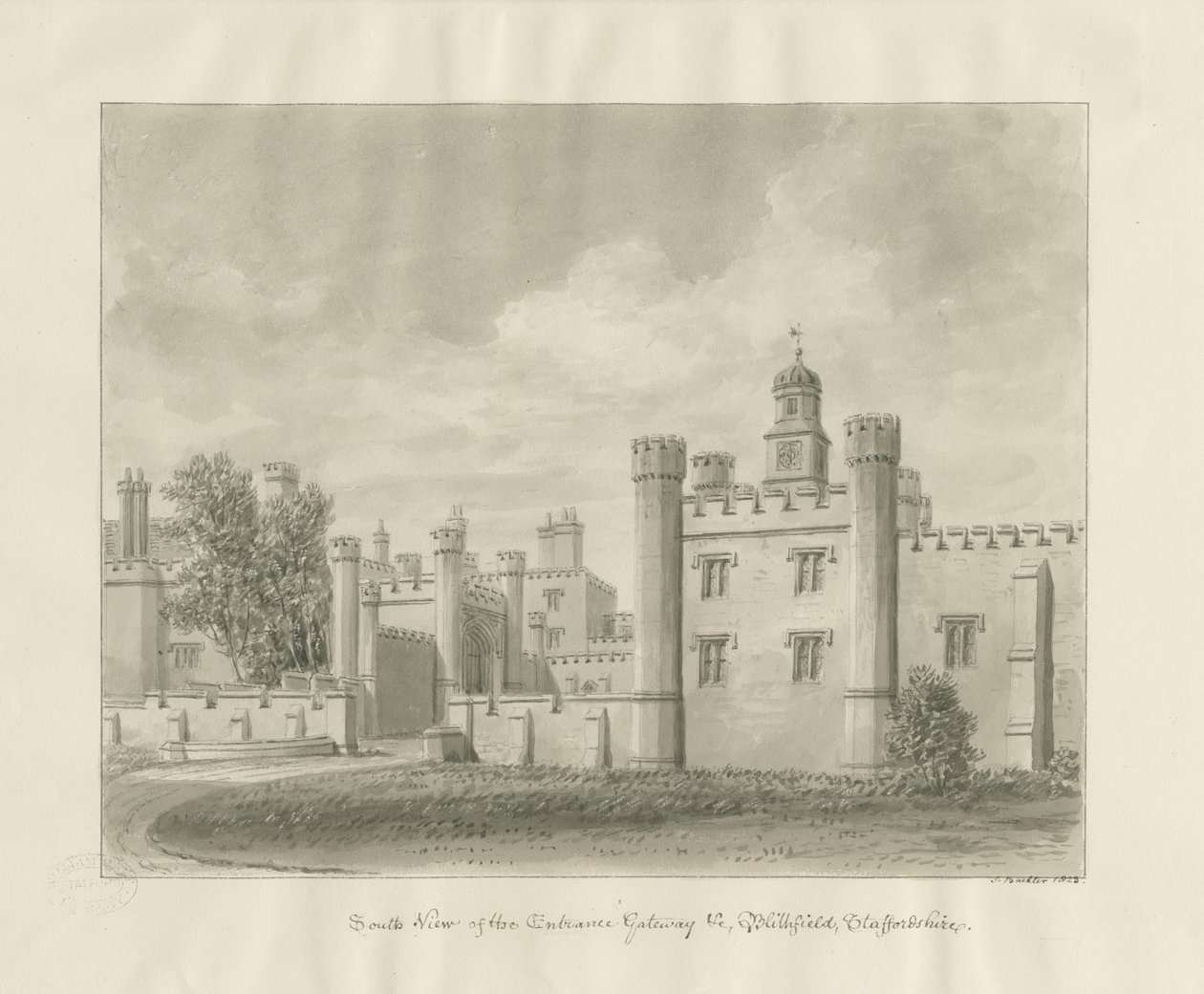 Blithfield Hall: sépiová kresba od John Buckler