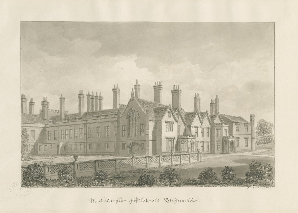 Blithfield Hall: sépiová kresba od John Buckler