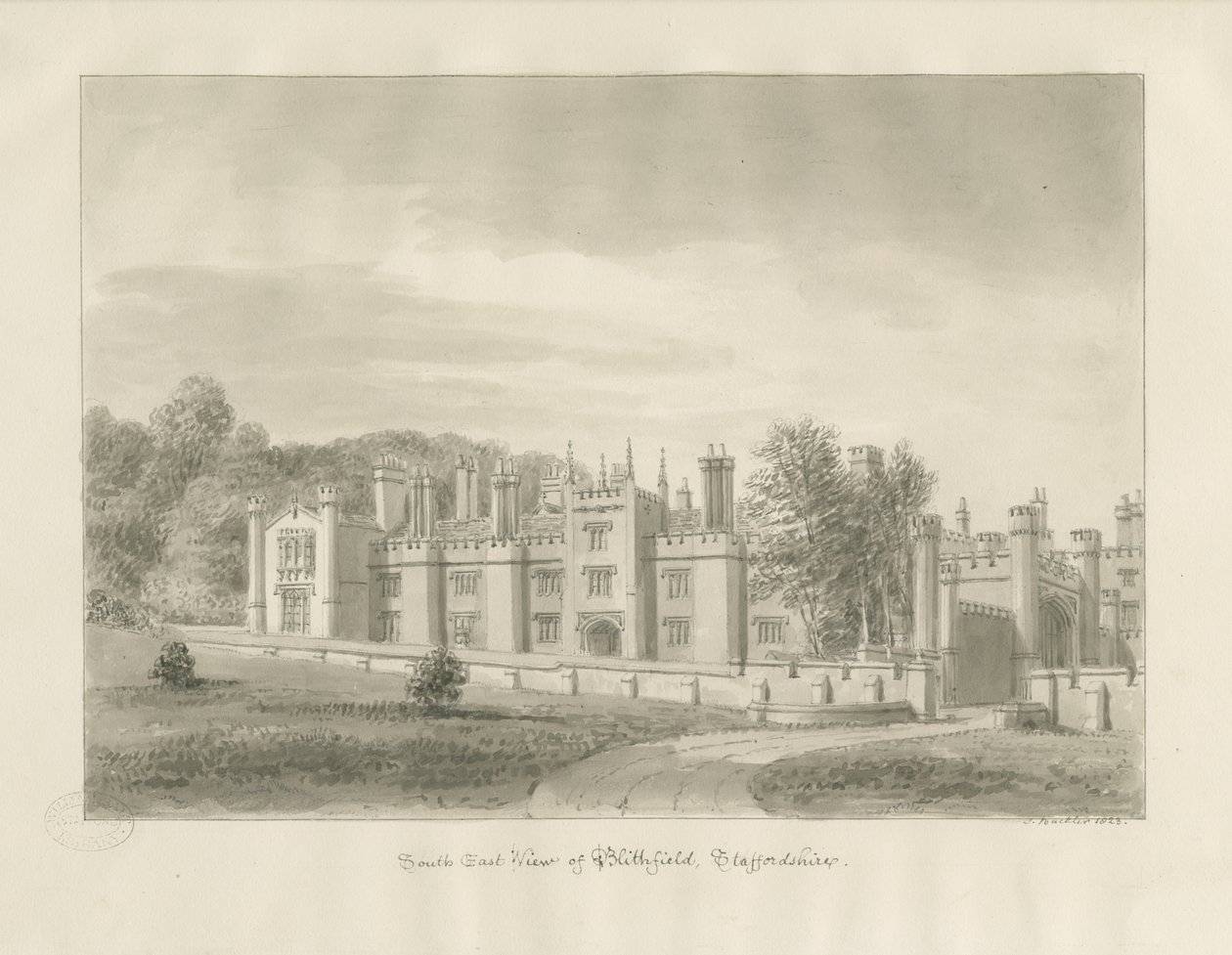 Blithfield Hall: sépiová kresba, 1823 od John Buckler
