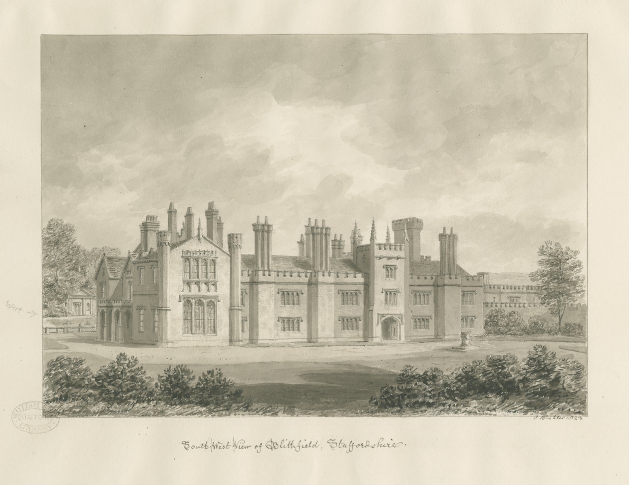 Blithfield Hall: sépiová kresba, 1823 od John Buckler