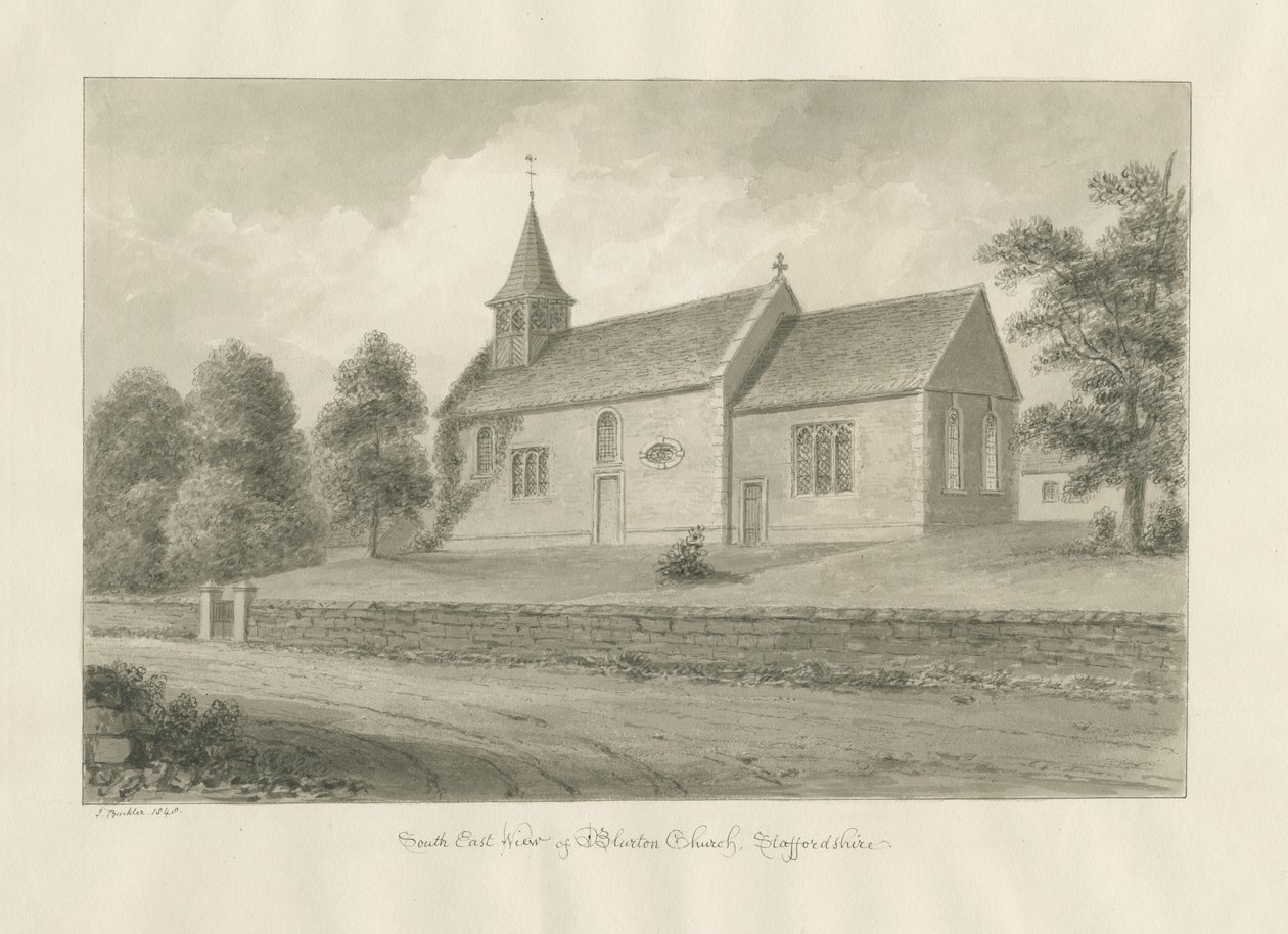 Blurton Church: sépiová kresba, 1848 od John Buckler