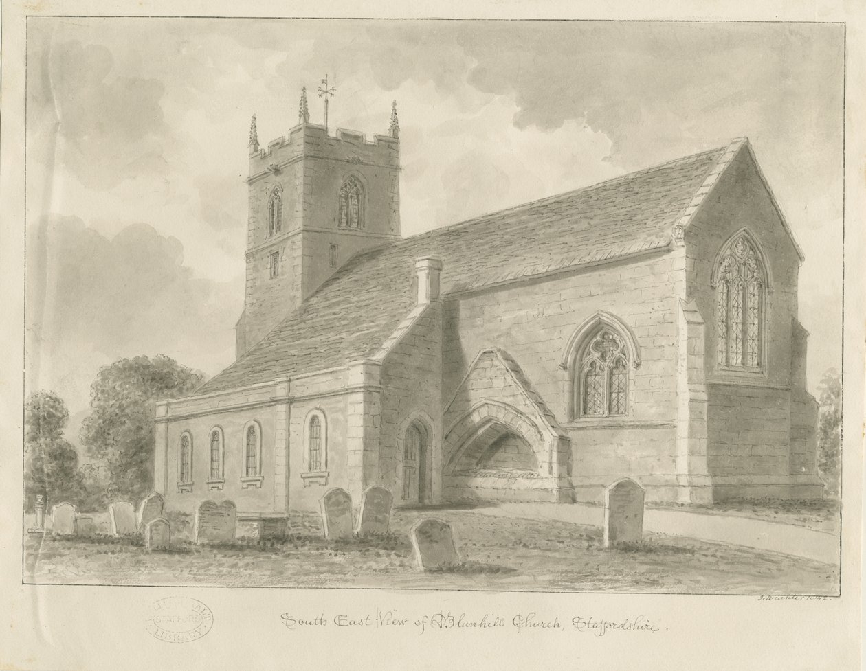 Blymhill Church: sépiová kresba od John Buckler