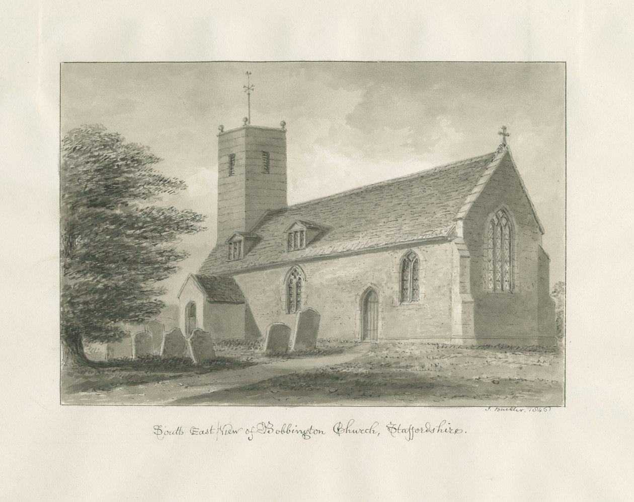 Bobbington Church: sépiová kresba od John Buckler