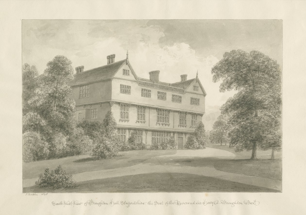 Broughton Hall: sépiová kresba, 1848 od John Buckler