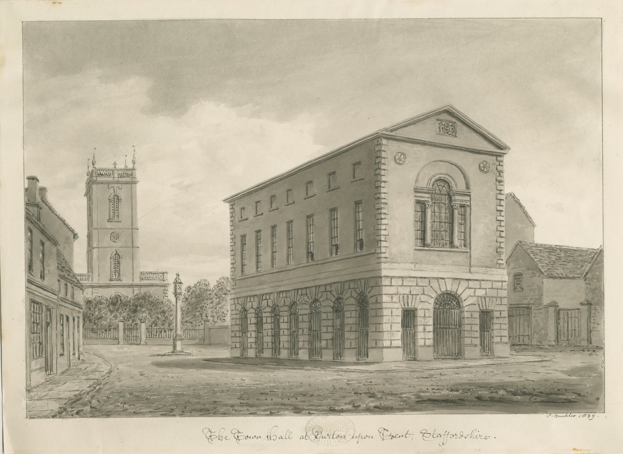 Burton-upon-Trent - Radnice: kresba sépie od John Buckler