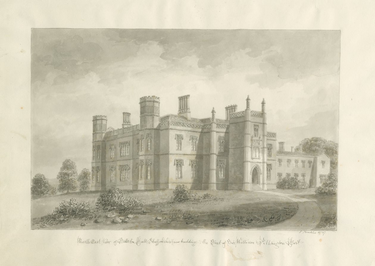 Butterton Hall: sépiová kresba od John Buckler