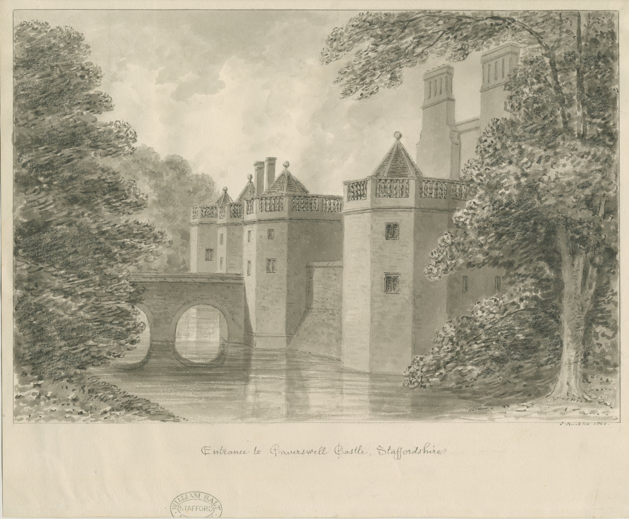 Caverswall Castle: sépiová kresba, 1840 od John Buckler