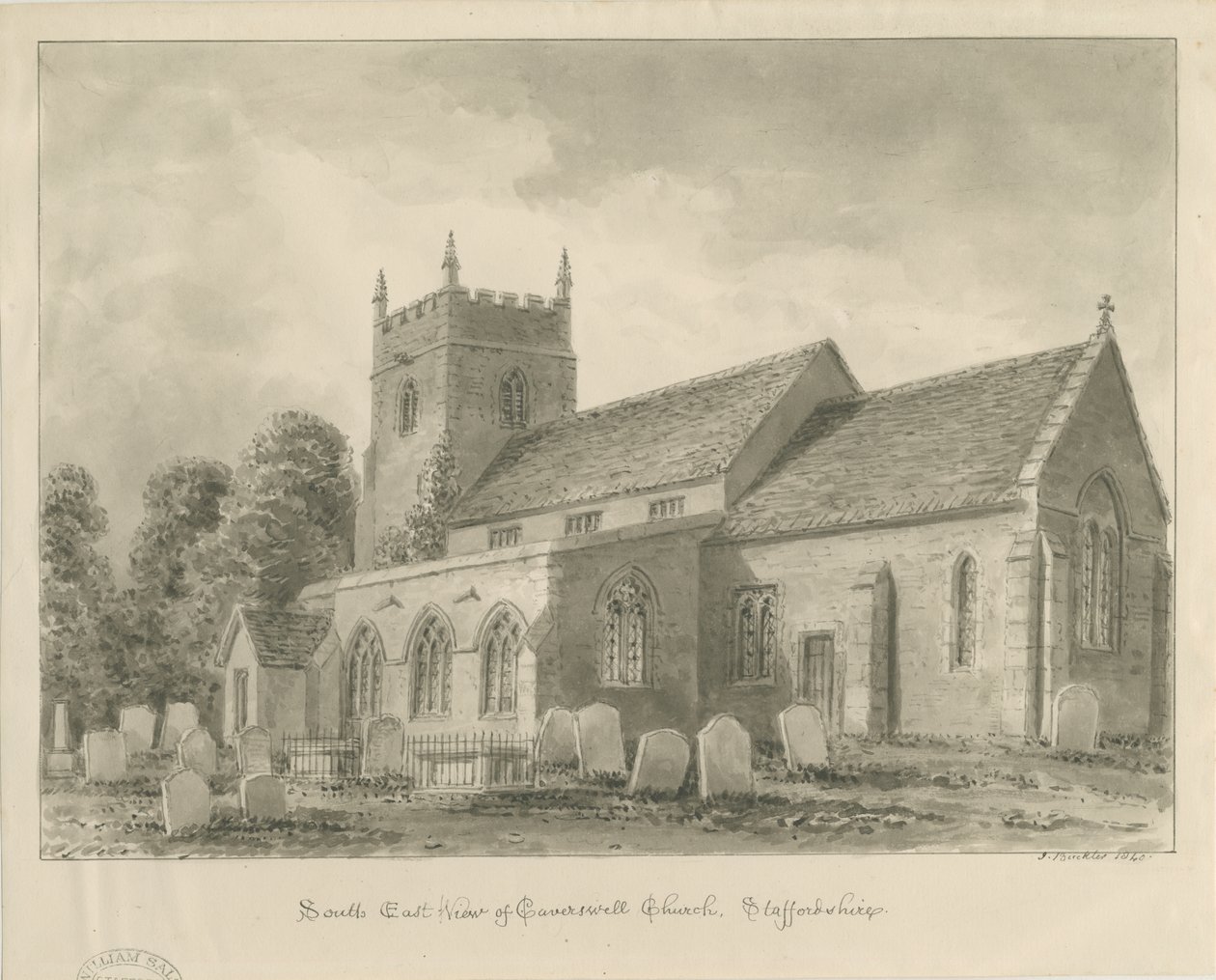 Caverswall Church: sépiová kresba od John Buckler