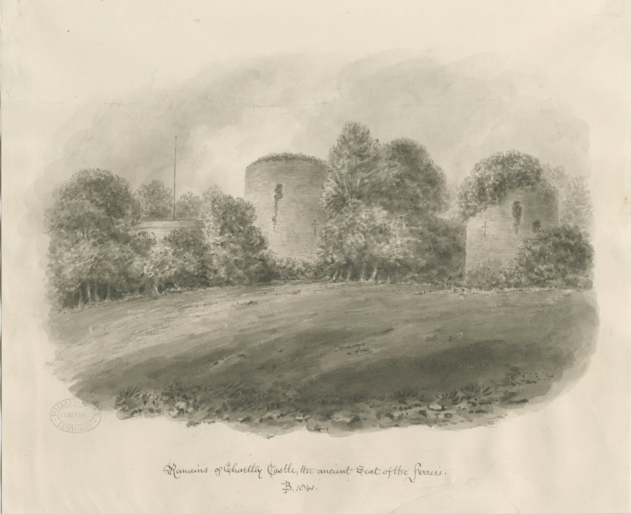 Chartley Castle: sépiová kresba od John Buckler