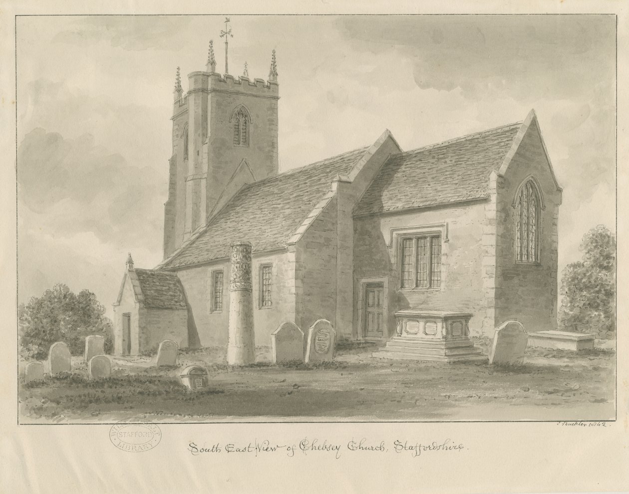 Chebsey Church: sépiová kresba od John Buckler