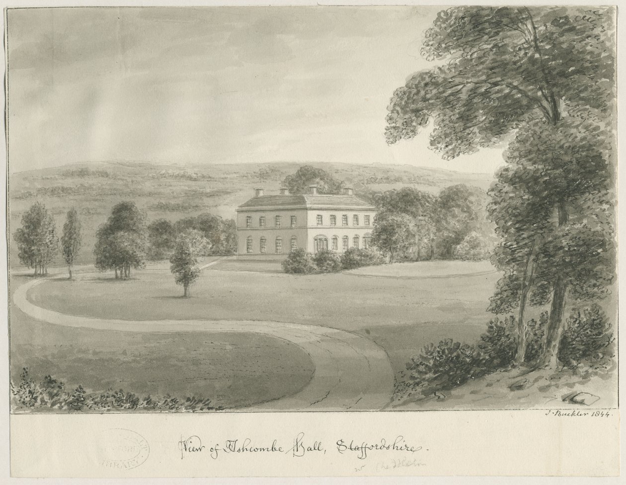Cheddleton - Ashcombe Hall: sépiová kresba, 1844 od John Buckler