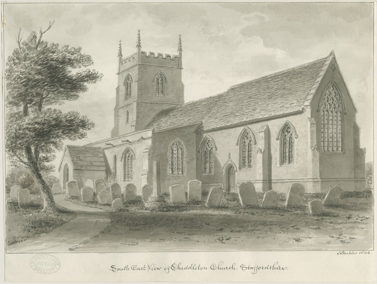 Cheddleton Church: sépiová kresba od John Buckler