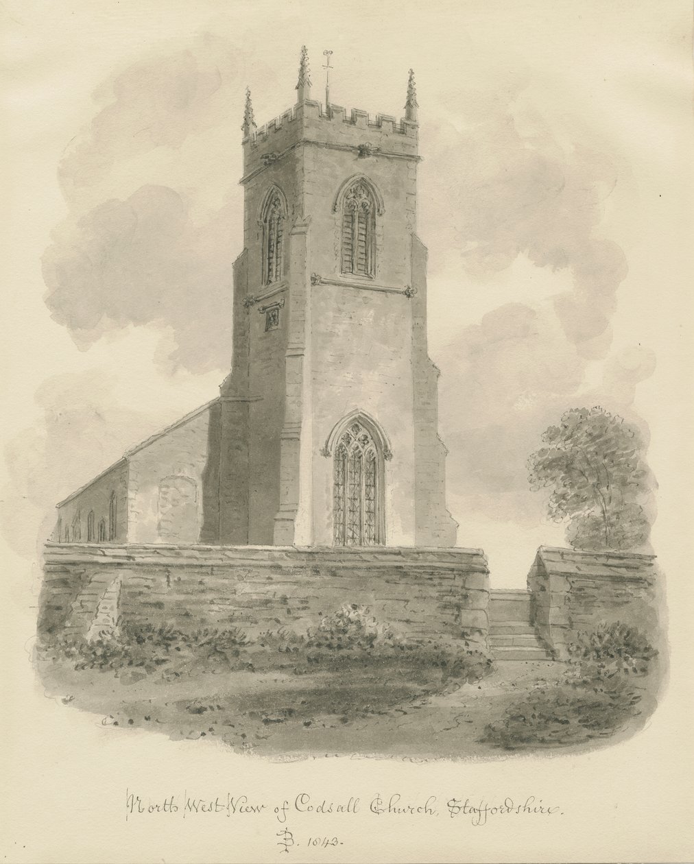 Codsall Church: sépiová kresba od John Buckler