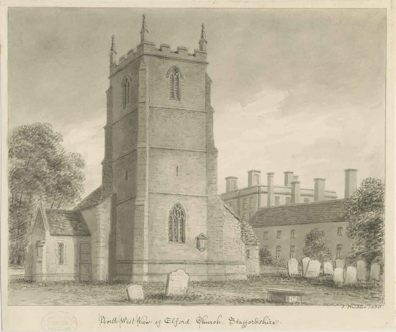 Elford Church: sépiová kresba, 1838 od John Buckler