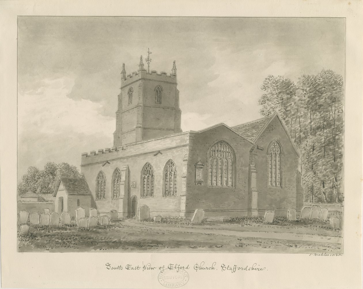 Elford Church: sépiová kresba, 1838 od John Buckler