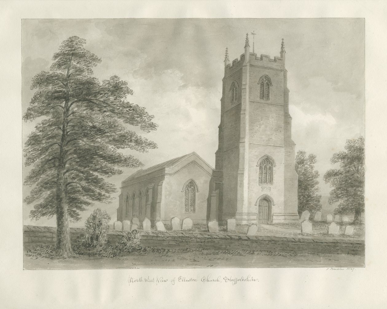 Ellastone Church: sépiová kresba, 1847 od John Buckler