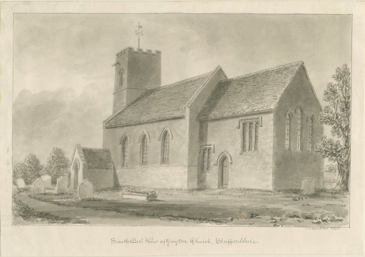 Gayton Church: sépiová kresba, 1841 od John Buckler