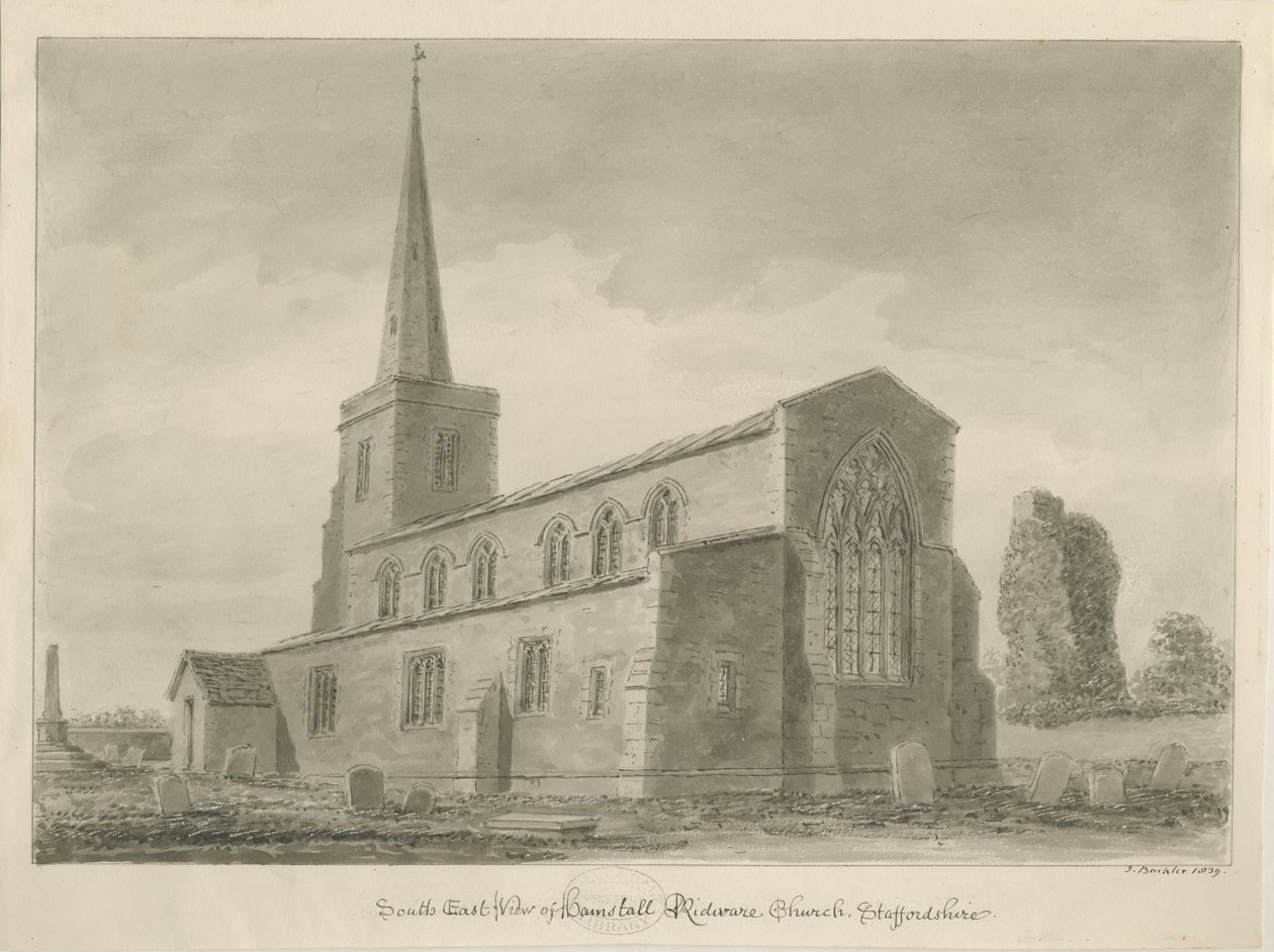 Hamstall Ridware Church: sépiová kresba od John Buckler