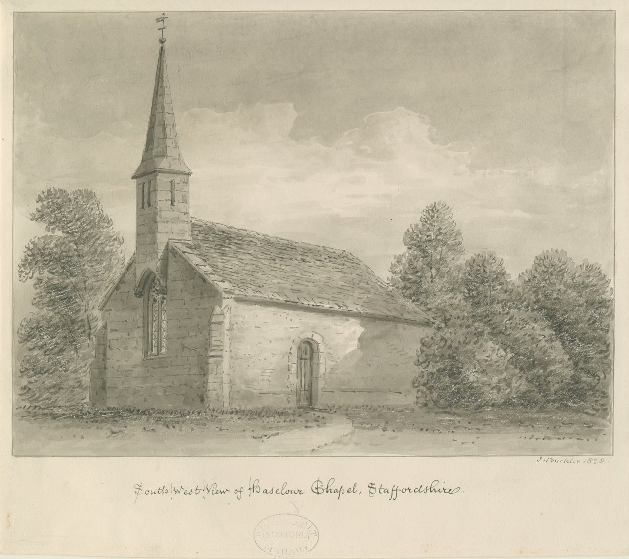 Haselour Chapel: sépiová kresba, 1828 od John Buckler