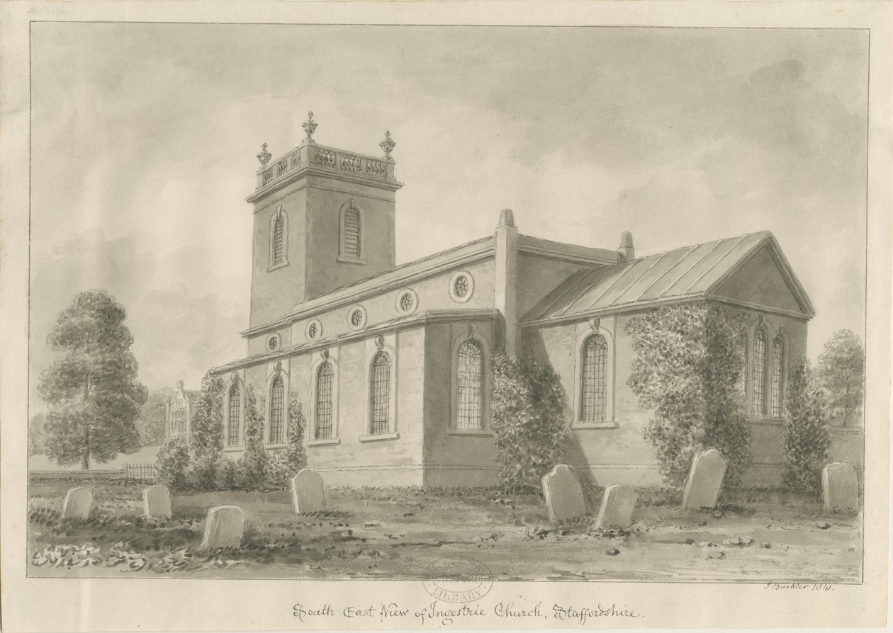 Ingestre Church: sépie kresba od John Buckler