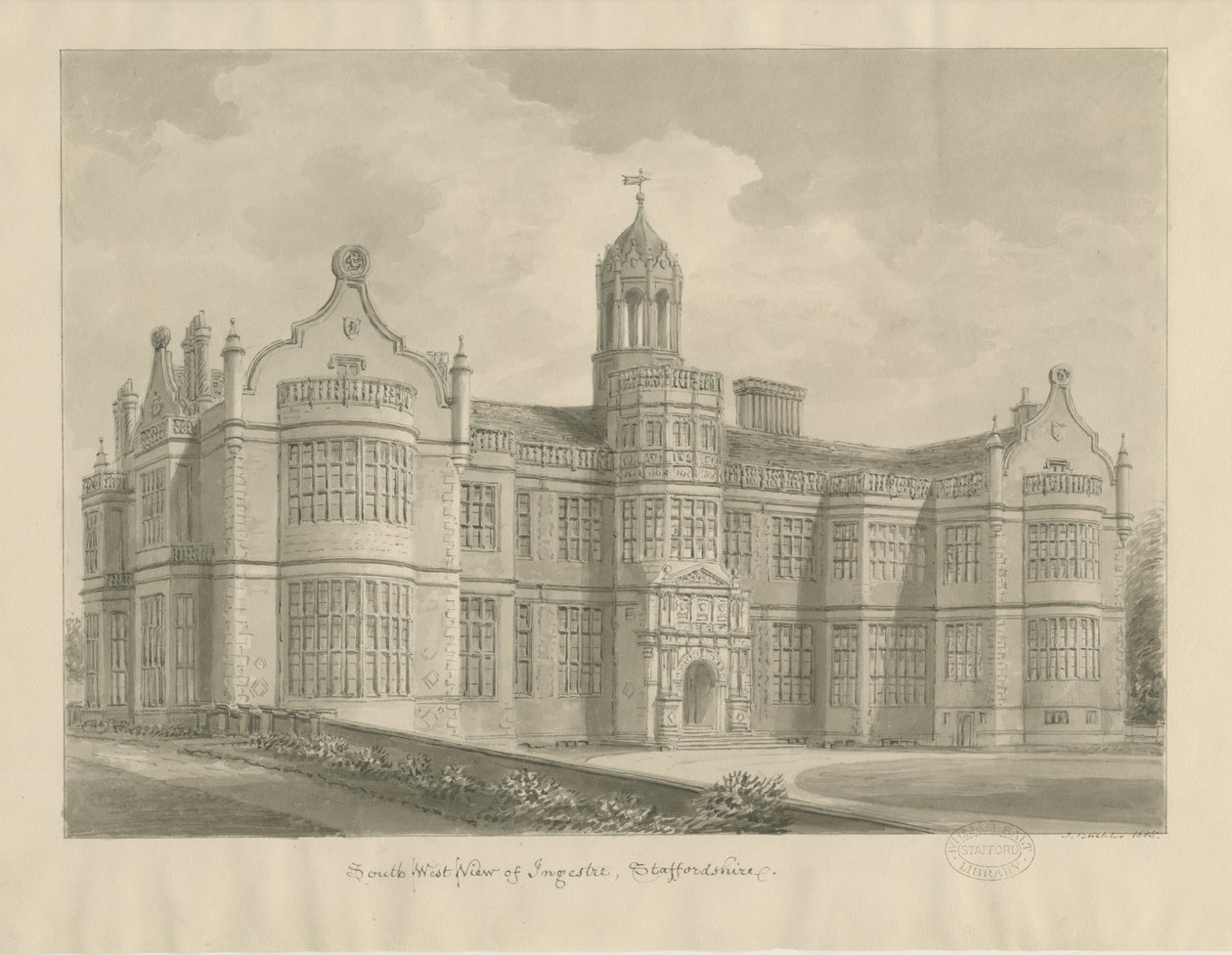 Ingestre Hall: sépiová kresba od John Buckler
