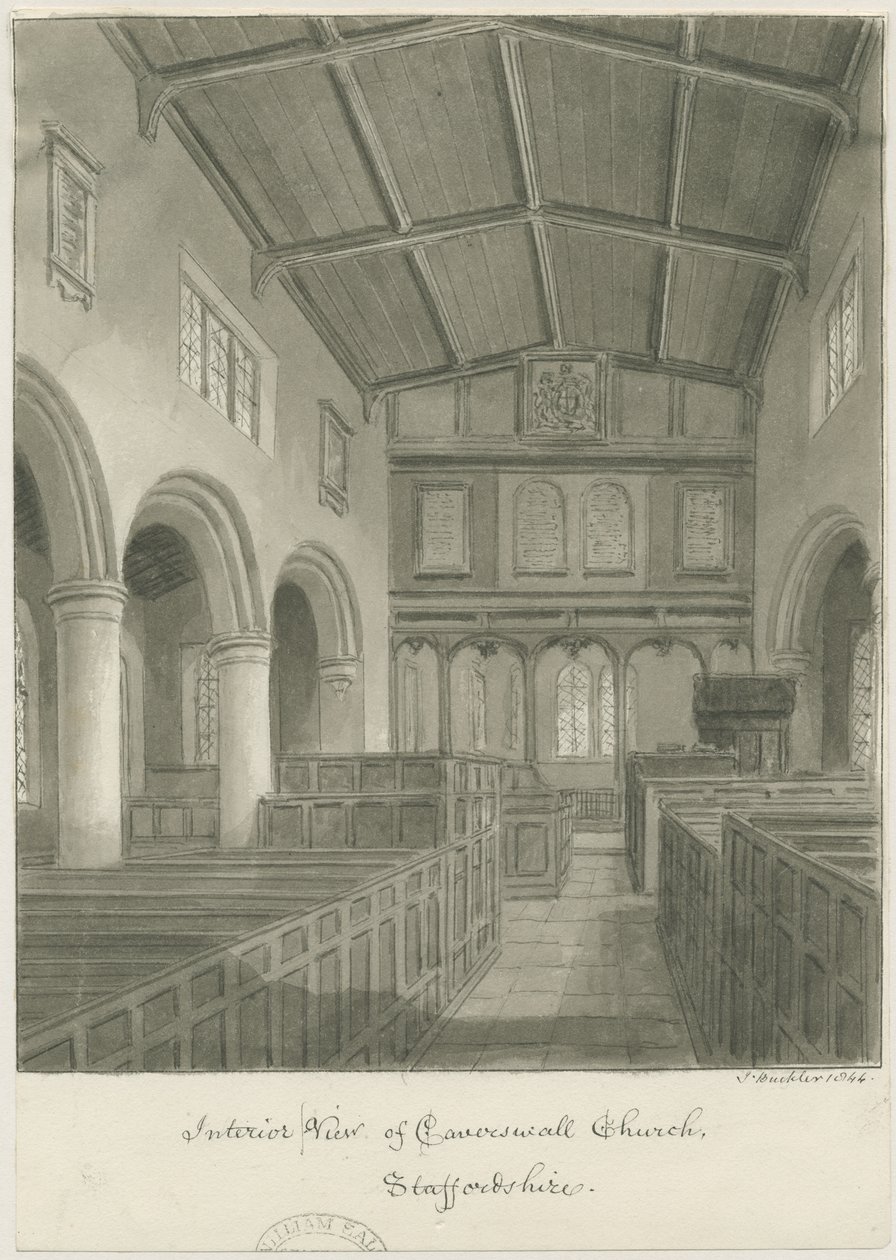 Interiér Caverswall Church: sépie kresba od John Buckler