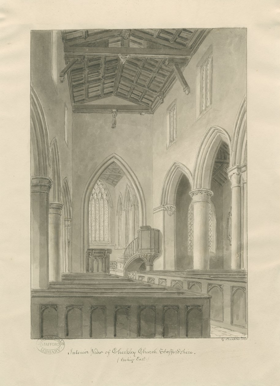 Interiér Checkley Church: sépie kresba od John Buckler