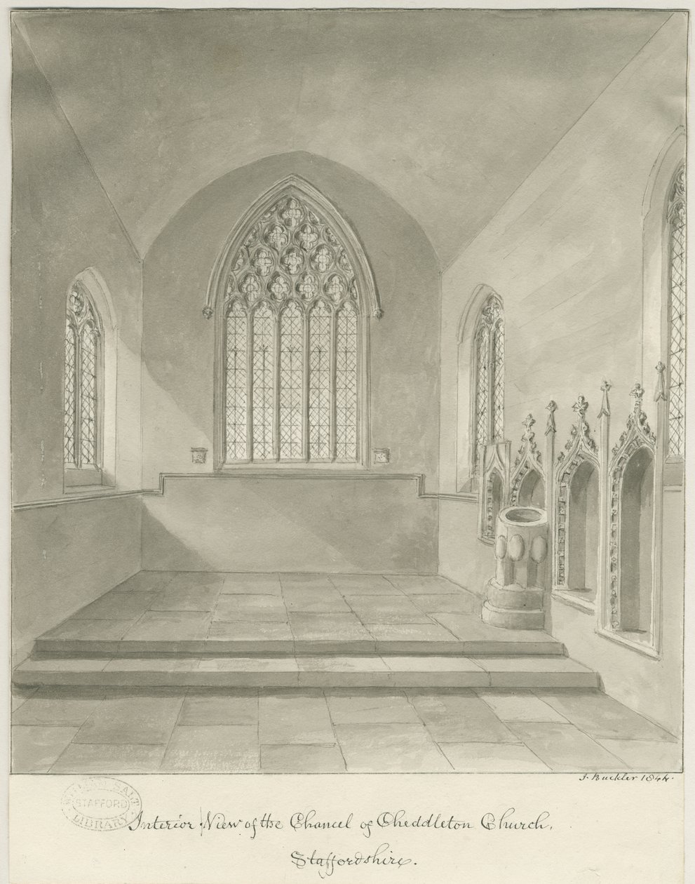 Interiér Cheddleton Church: sépiová kresba od John Buckler