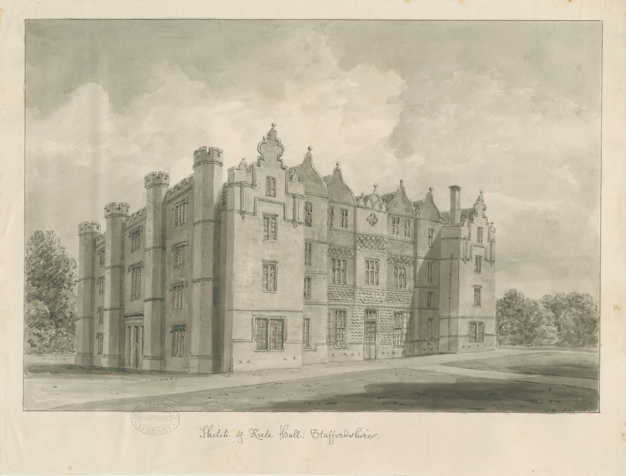 Keele Hall: sépiová kresba od John Buckler