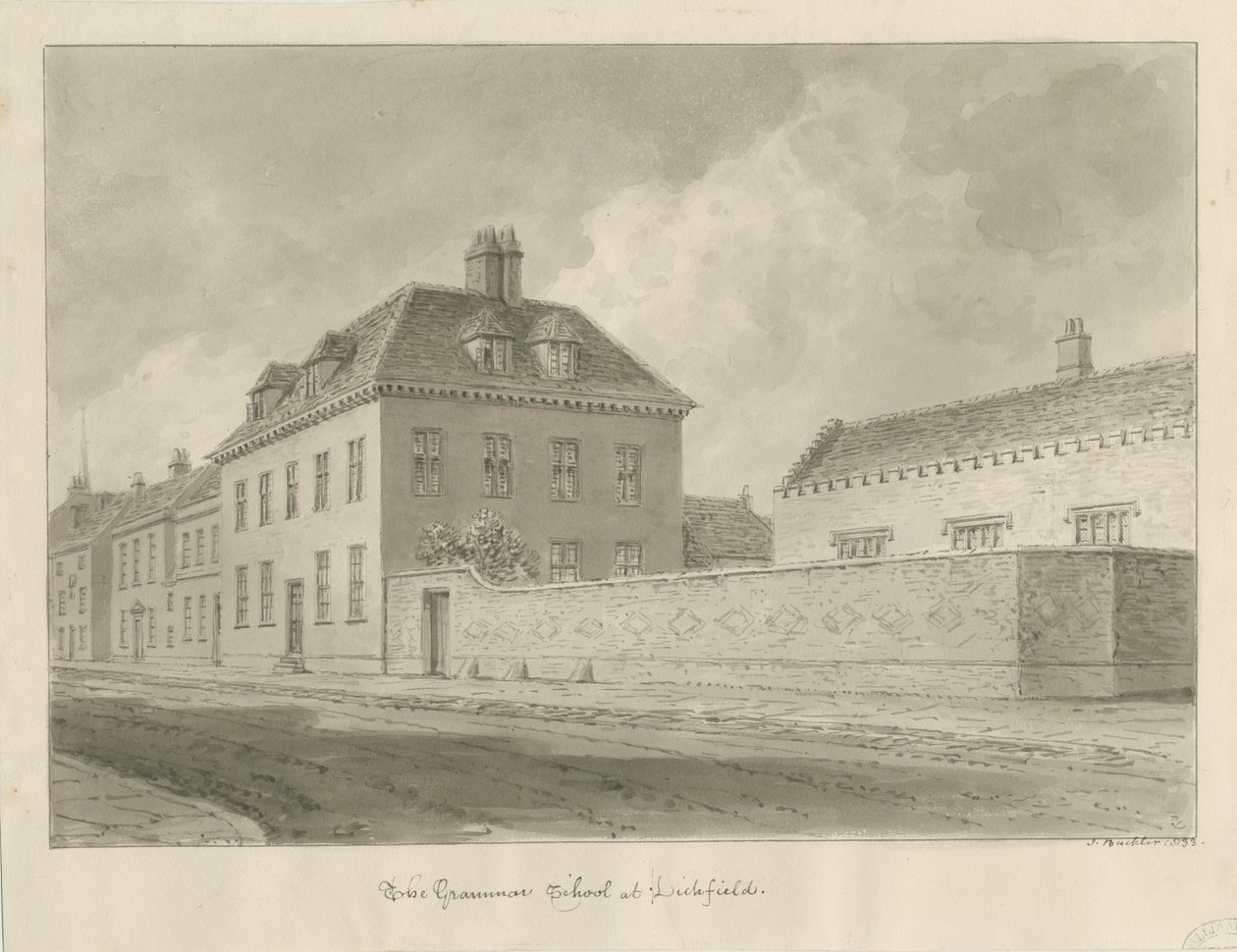 Lichfield - Gymnázium: kresba v sépii od John Buckler