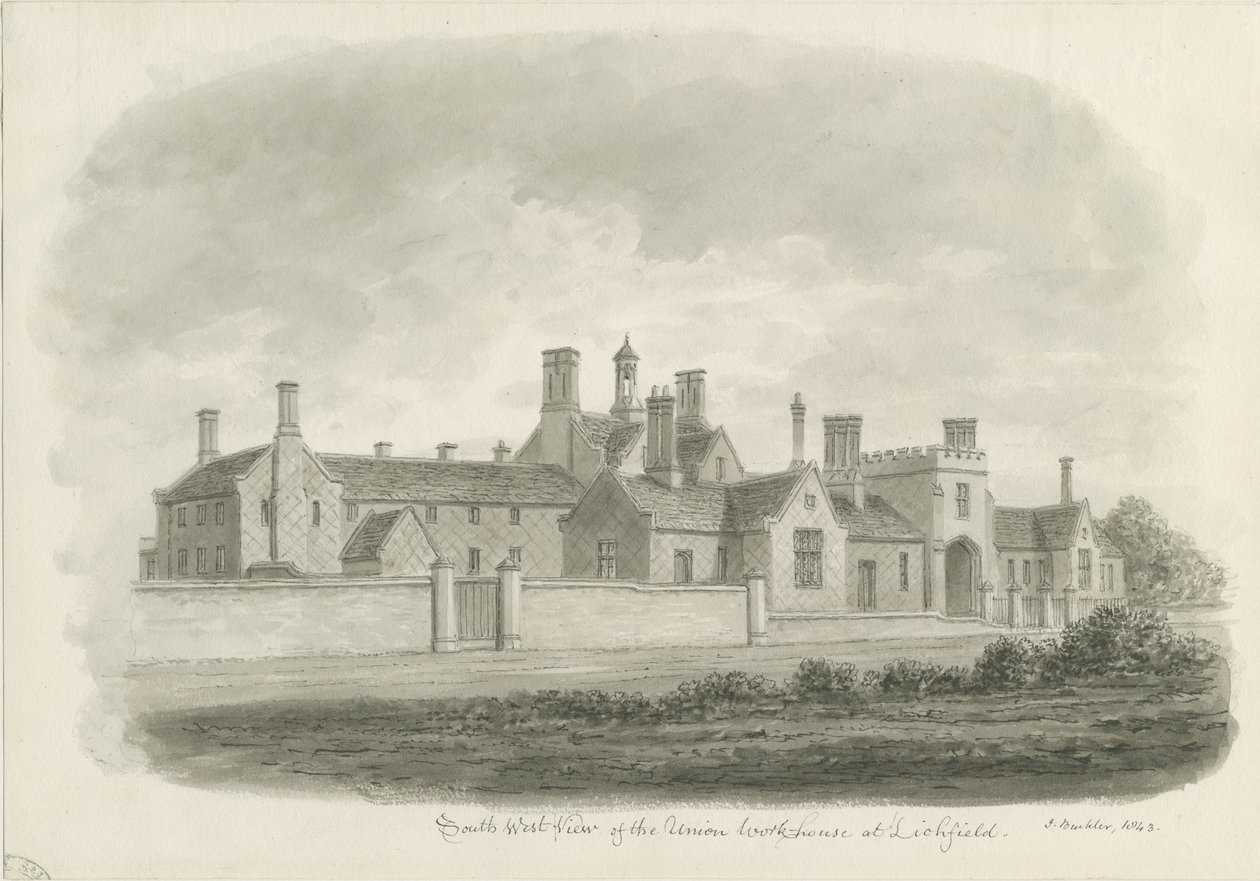 Lichfield - Union Workhouse: sépiová kresba od John Buckler