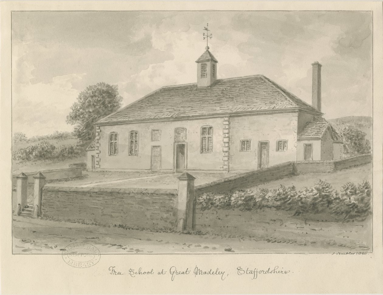 Madeley - Free School: kresba v sépii, 1840 od John Buckler