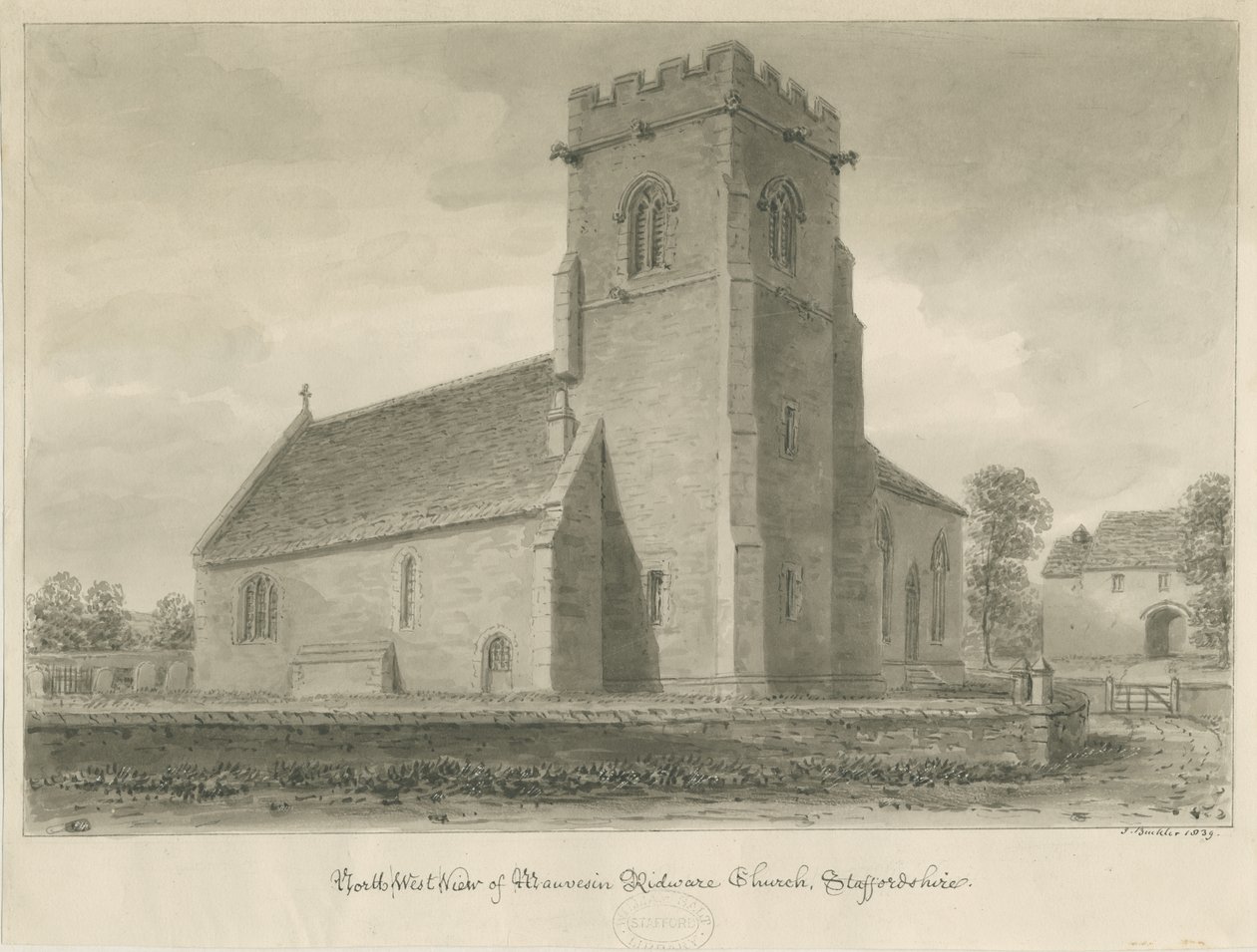 Mavesyn Ridware Church: sépiová kresba, 1839 od John Buckler