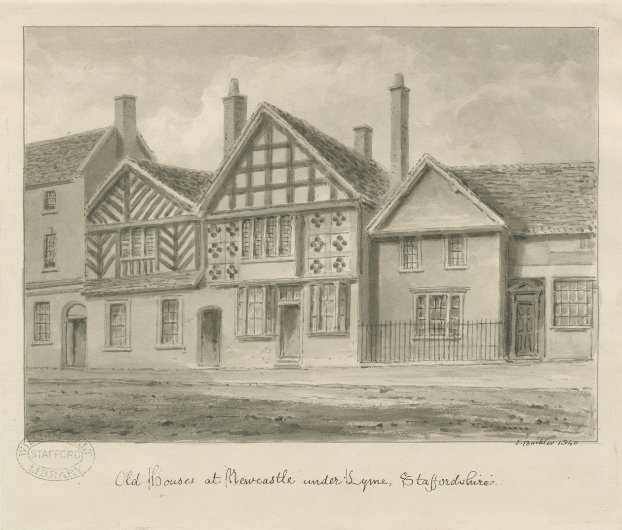Newcastle-under-Lyme - Old Houses: sépiová kresba, 1840 od John Buckler