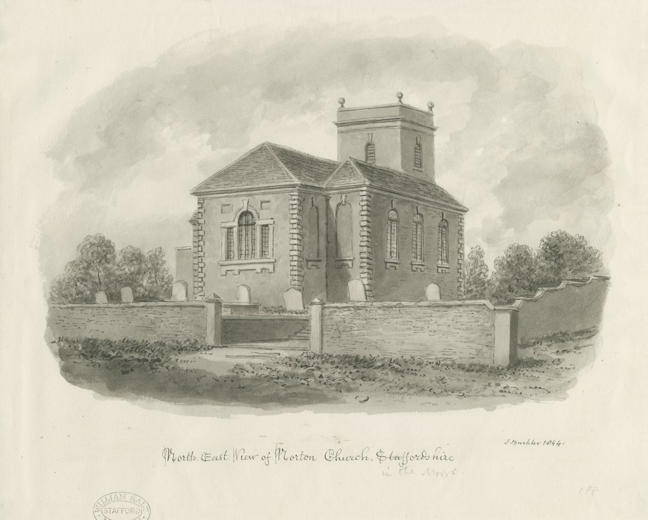 Kostel Norton-in-the-Moors: sépiová kresba od John Buckler