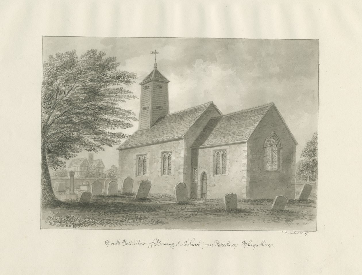 Patshull - Boningale Church: sépiová lavírovaná kresba od John Buckler