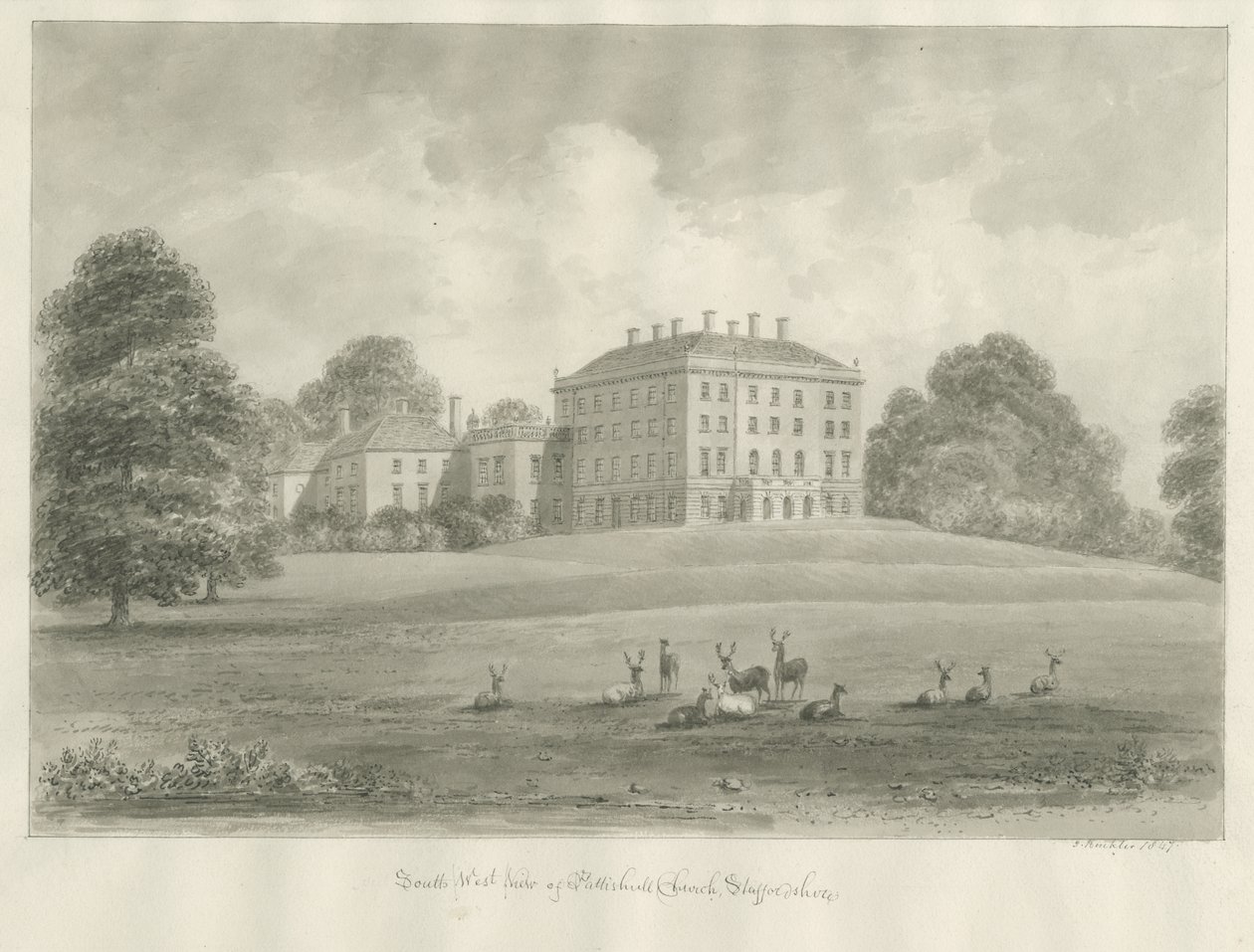 Patshull House: sépiová kresba, 1847 od John Buckler