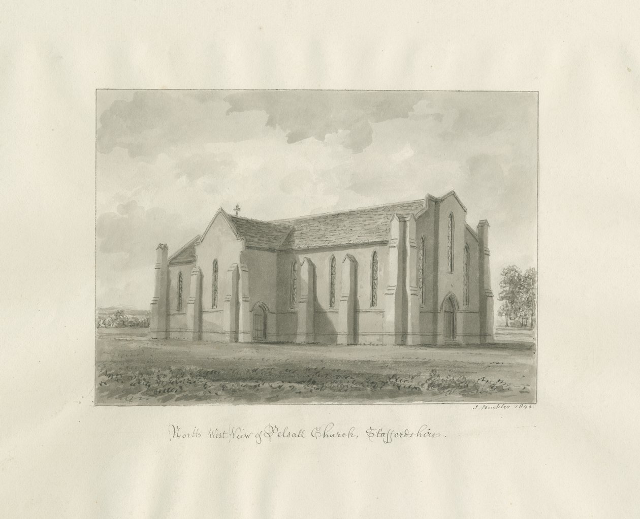 Pelsall Church: sépiová kresba od John Buckler