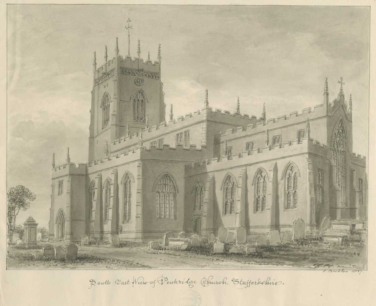 Penkridge Church: sépiová kresba od John Buckler