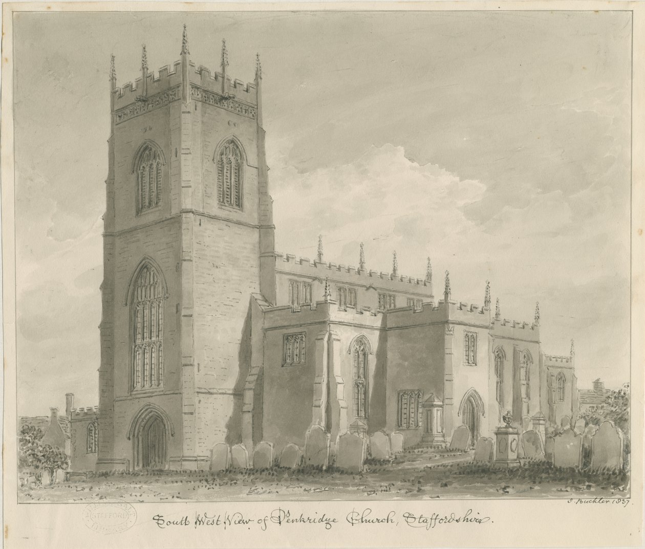 Penkridge Church: sépiová kresba, 1837 od John Buckler