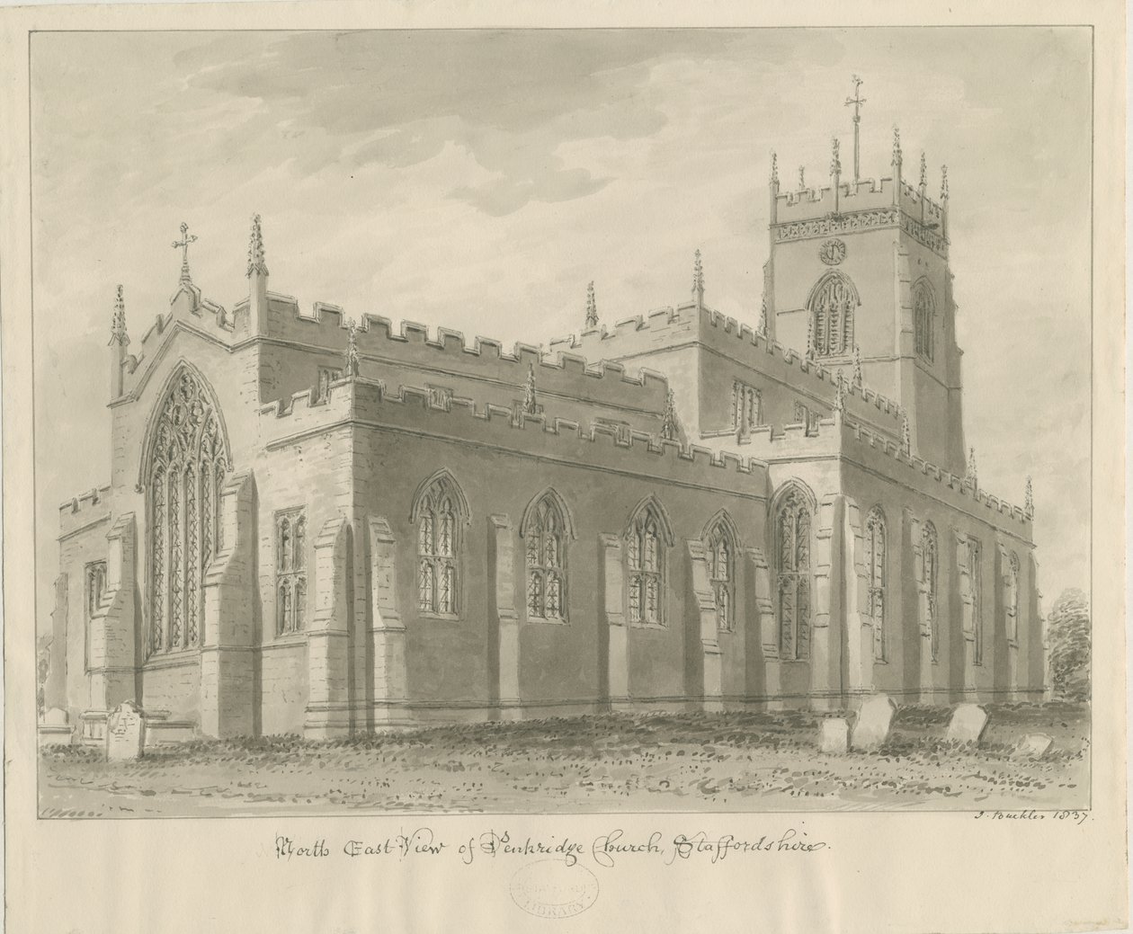 Penkridge Church: sépiová kresba, 1837 od John Buckler