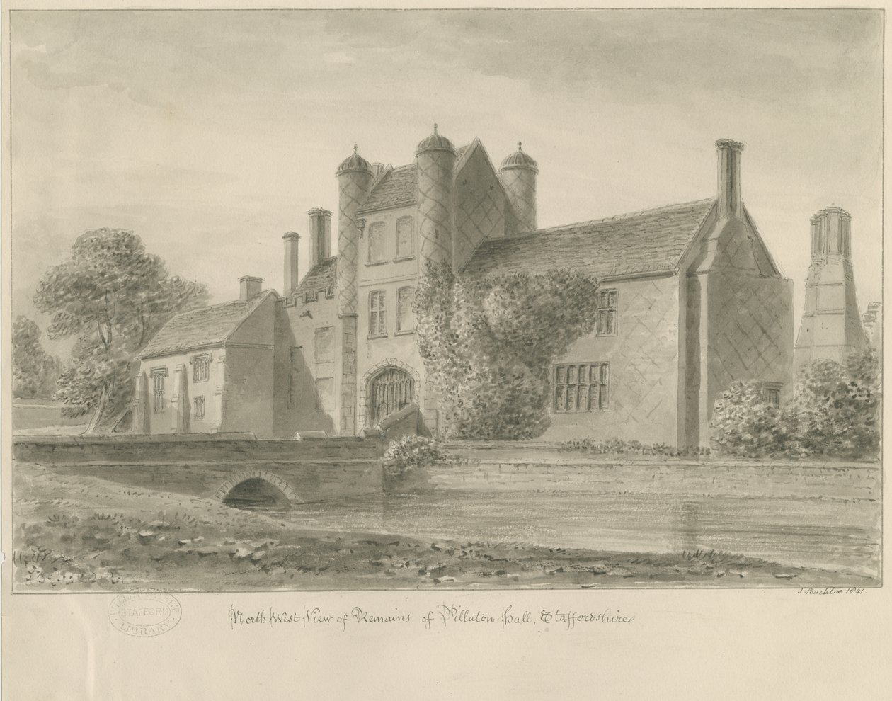 Pillaton Hall: sépiová kresba, 1841 od John Buckler