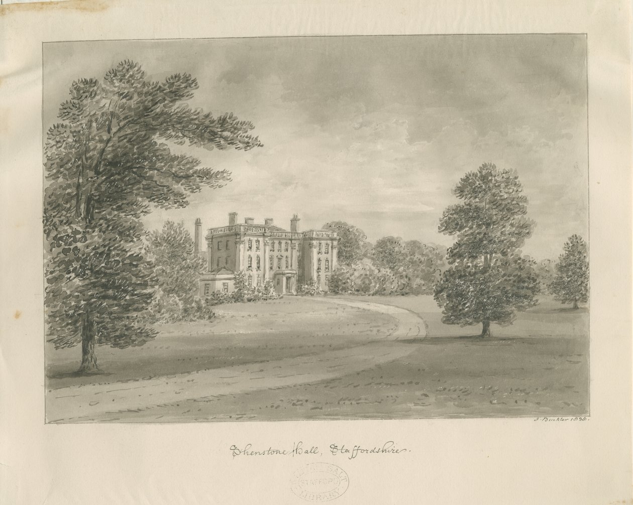 Shenstone Park - Hall: sépiová kresba od John Buckler