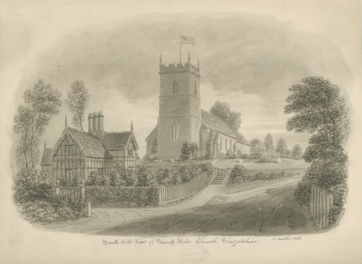 Sheriffhales Church: sépiová kresba od John Buckler