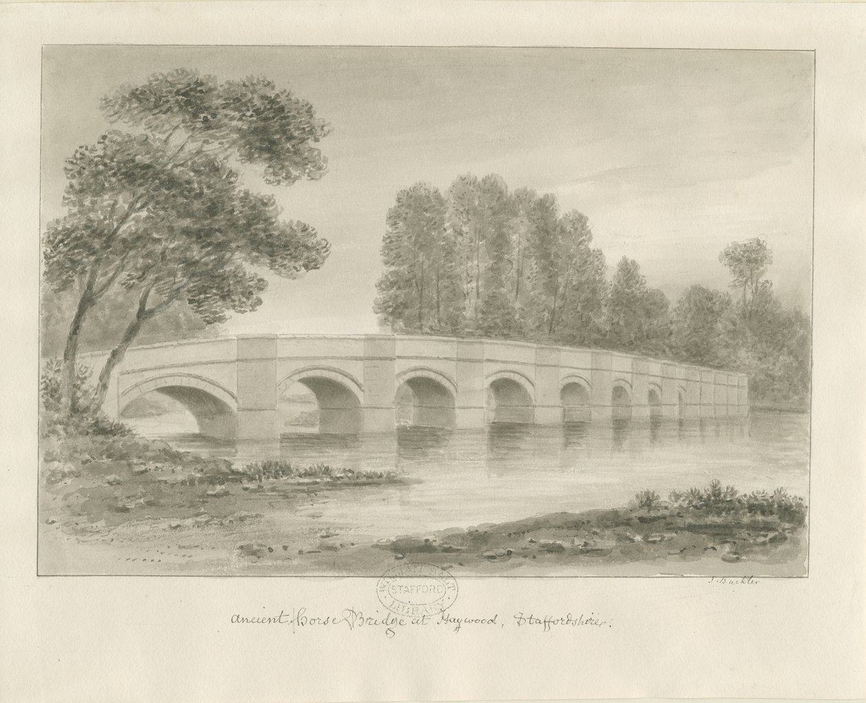 Shugborough Bridge: sépiová kresba, nd [40. léta 19. století] od John Buckler